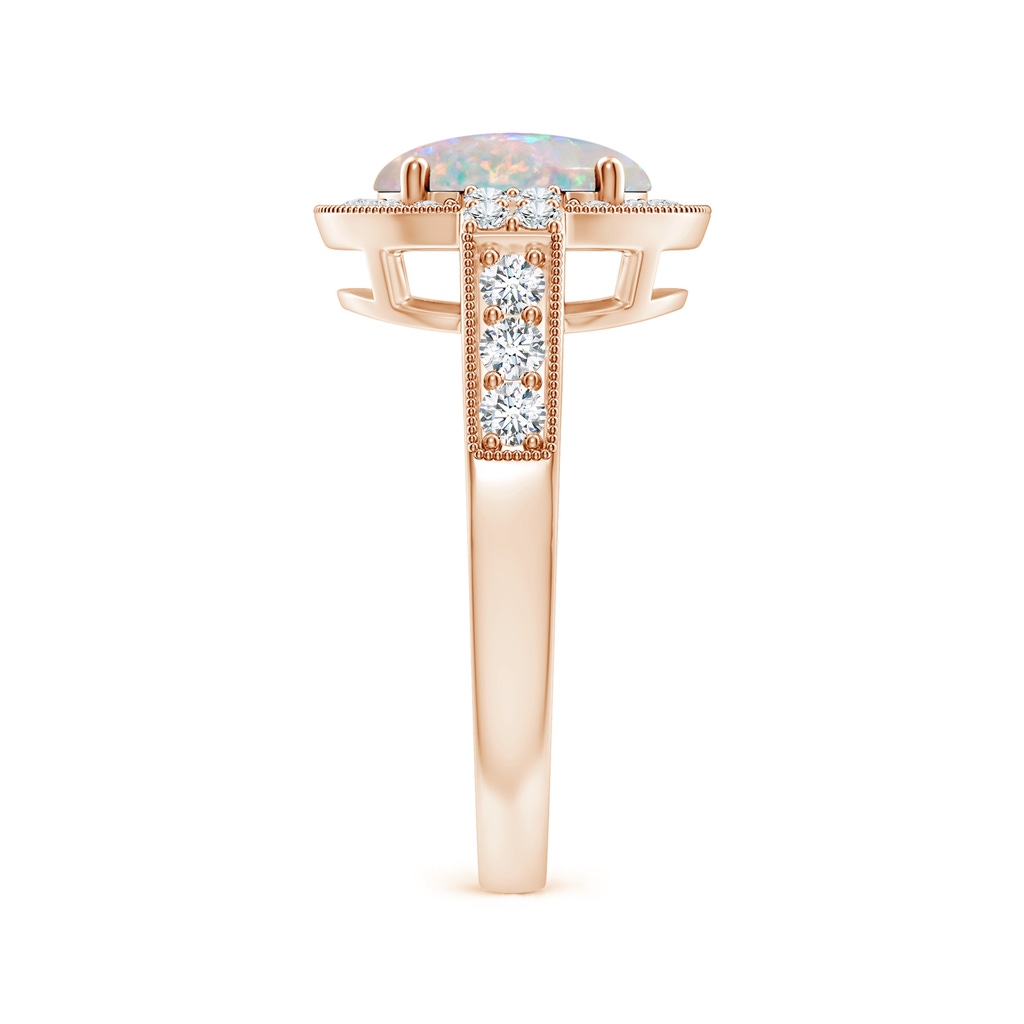 9x7mm AAAA Oval Opal Halo Ring with Milgrain Detailing in Rose Gold Body-Hand