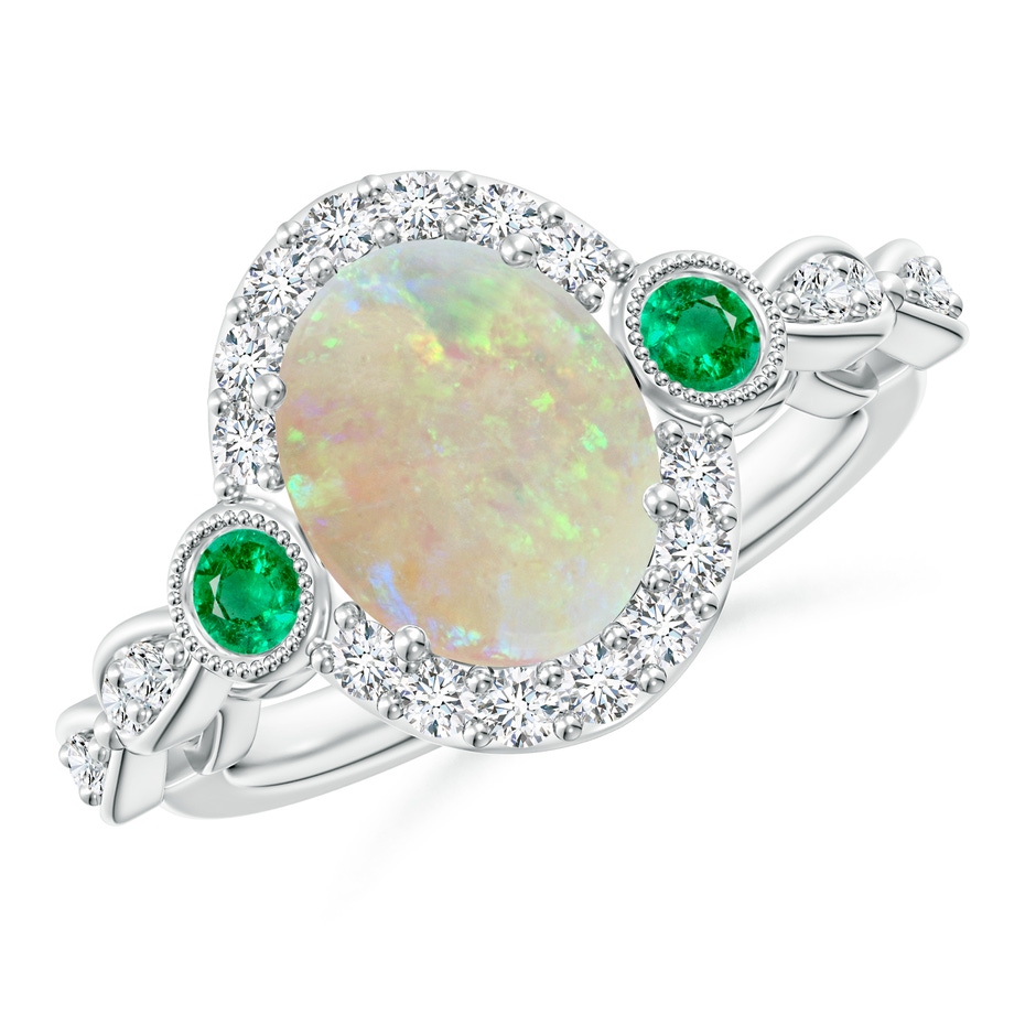 10x8mm AAA Vintage Oval Opal and Diamond Halo Ring with Bezel Emerald in White Gold 