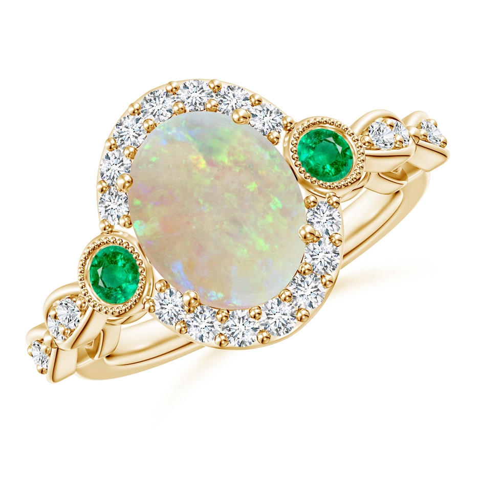 10x8mm AAA Vintage Oval Opal and Diamond Halo Ring with Bezel Emerald in Yellow Gold 