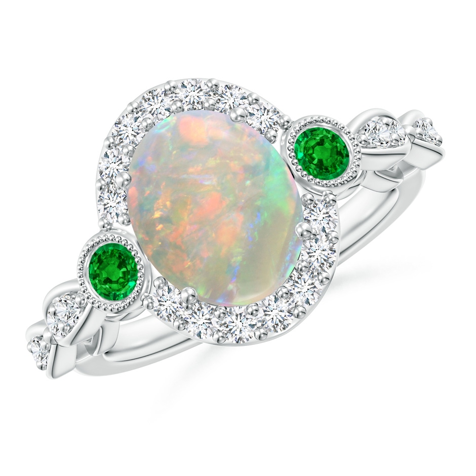 10x8mm AAAA Vintage Oval Opal and Diamond Halo Ring with Bezel Emerald in P950 Platinum 