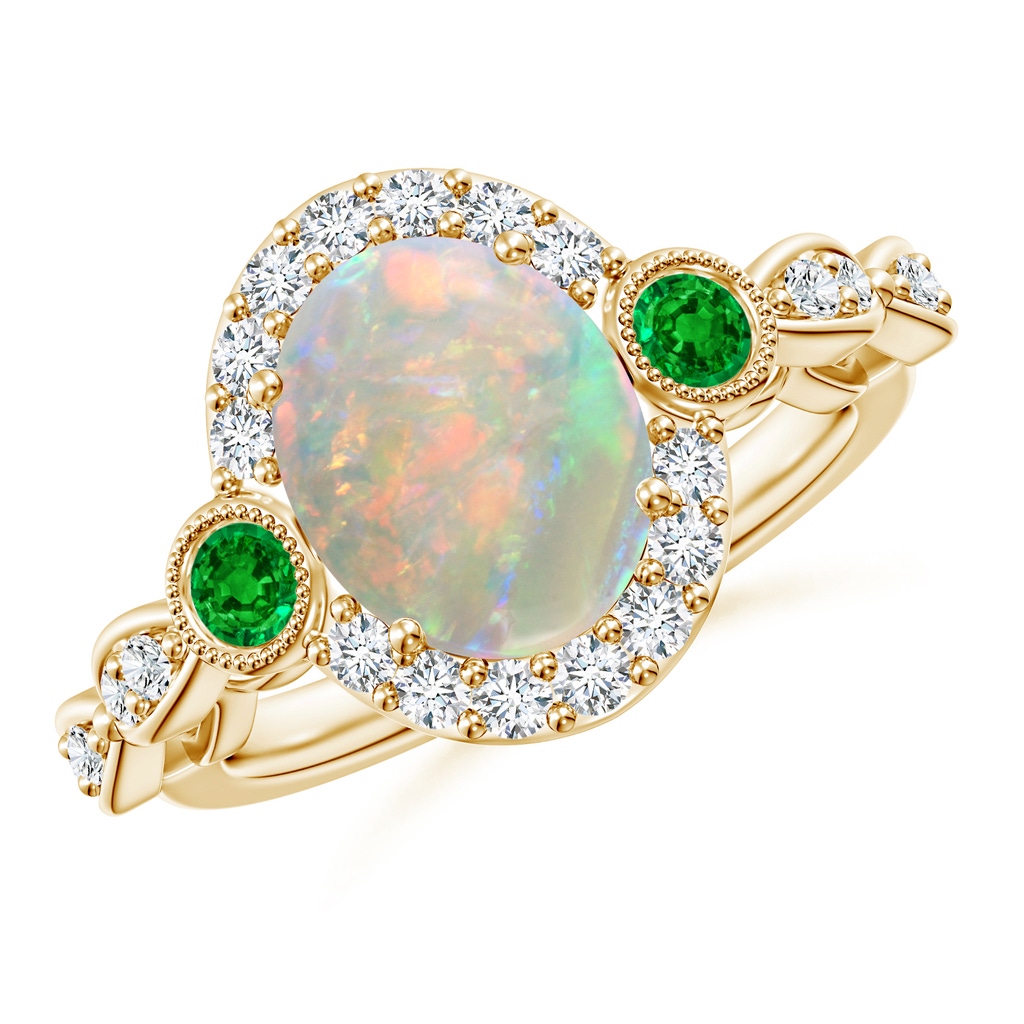 10x8mm AAAA Vintage Oval Opal and Diamond Halo Ring with Bezel Emerald in Yellow Gold