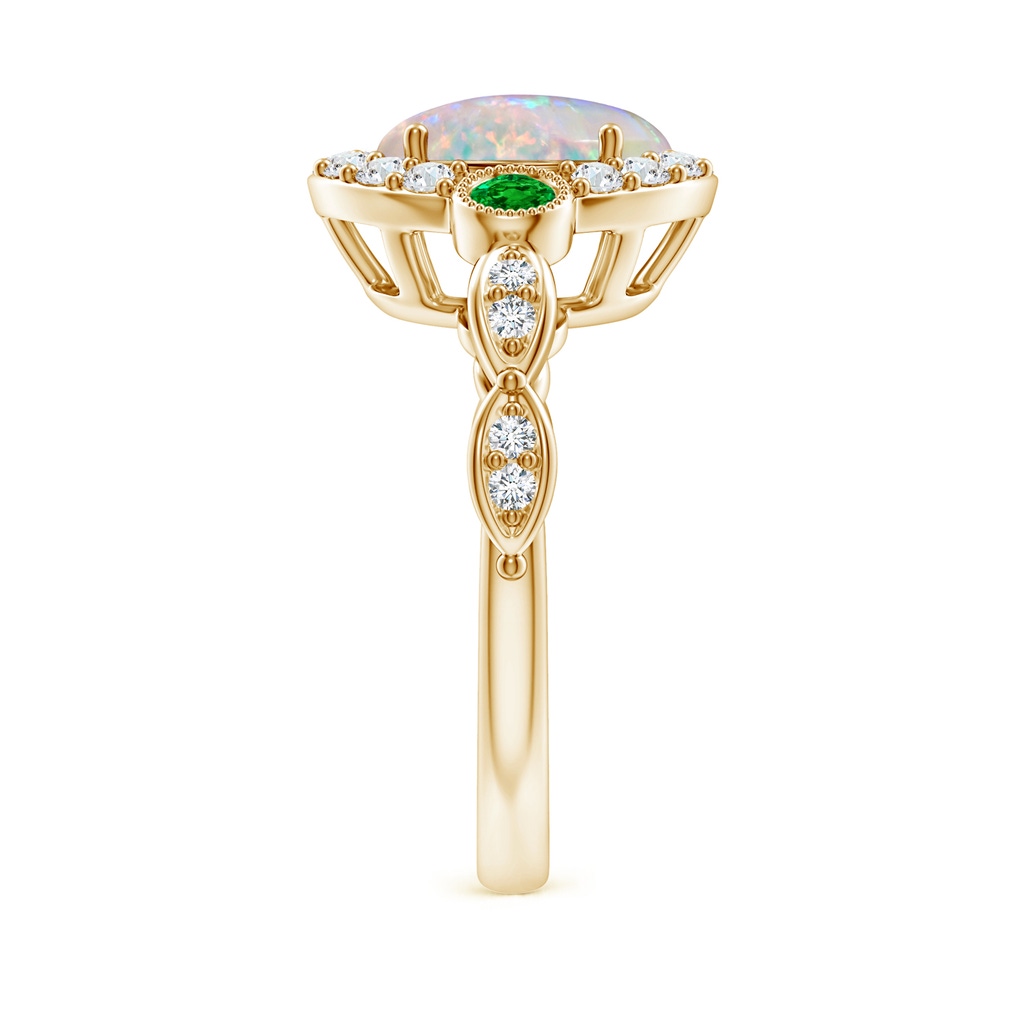 10x8mm AAAA Vintage Oval Opal and Diamond Halo Ring with Bezel Emerald in Yellow Gold - body_hand