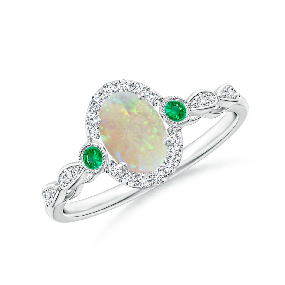 7x5mm AAA Vintage Oval Opal and Diamond Halo Ring with Bezel Emerald in White Gold 