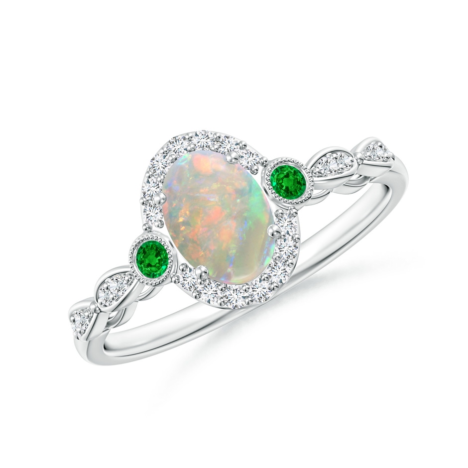 7x5mm AAAA Vintage Oval Opal and Diamond Halo Ring with Bezel Emerald in P950 Platinum 
