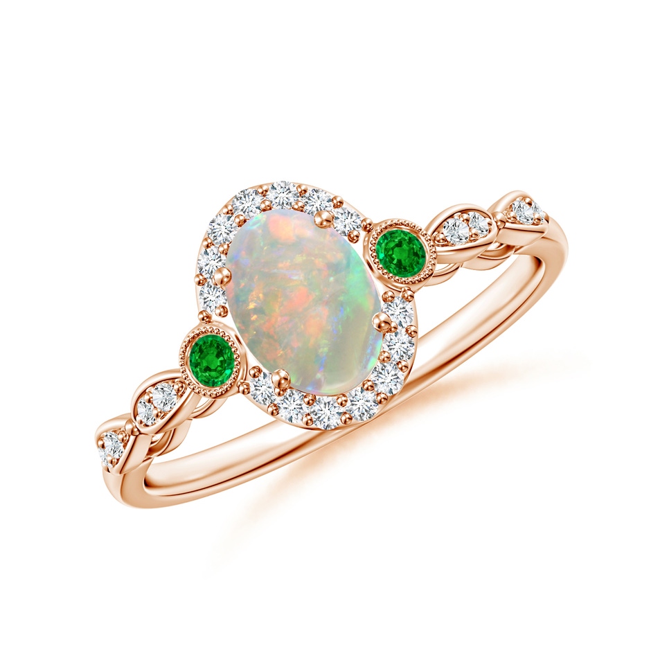7x5mm AAAA Vintage Oval Opal and Diamond Halo Ring with Bezel Emerald in Rose Gold 