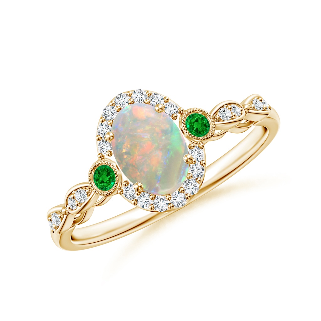 7x5mm AAAA Vintage Oval Opal and Diamond Halo Ring with Bezel Emerald in Yellow Gold
