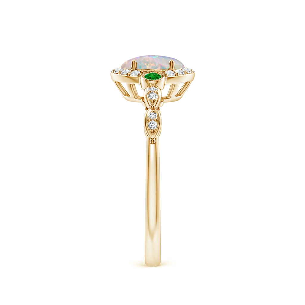 7x5mm AAAA Vintage Oval Opal and Diamond Halo Ring with Bezel Emerald in Yellow Gold Body-Hand