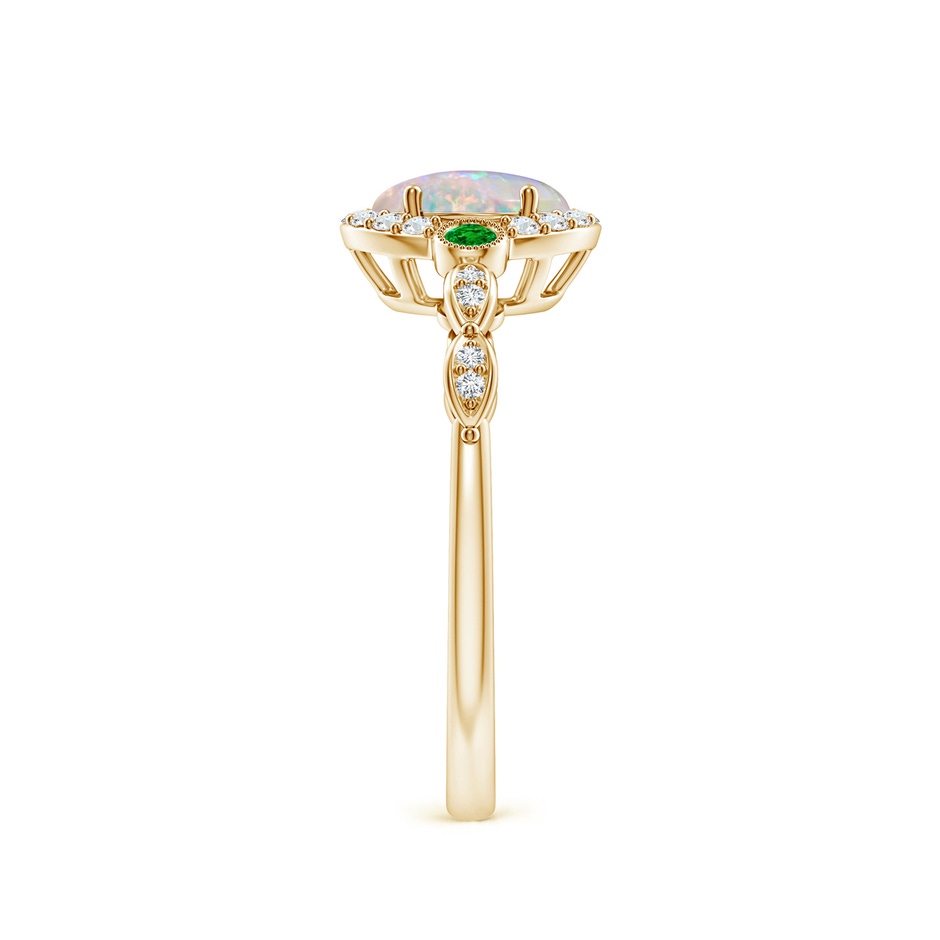 7x5mm AAAA Vintage Oval Opal and Diamond Halo Ring with Bezel Emerald in Yellow Gold body-hand