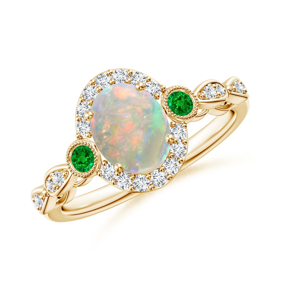 8x6mm AAAA Vintage Oval Opal and Diamond Halo Ring with Bezel Emerald in Yellow Gold 