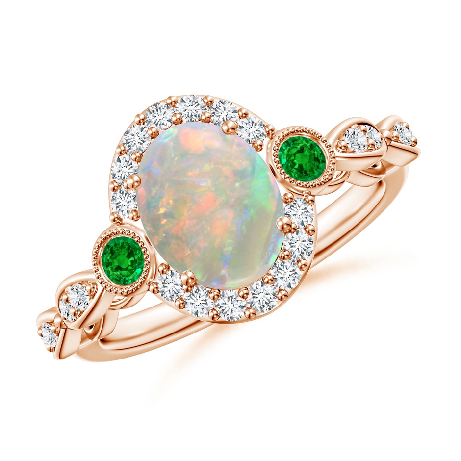 9x7mm AAAA Vintage Oval Opal and Diamond Halo Ring with Bezel Emerald in Rose Gold 