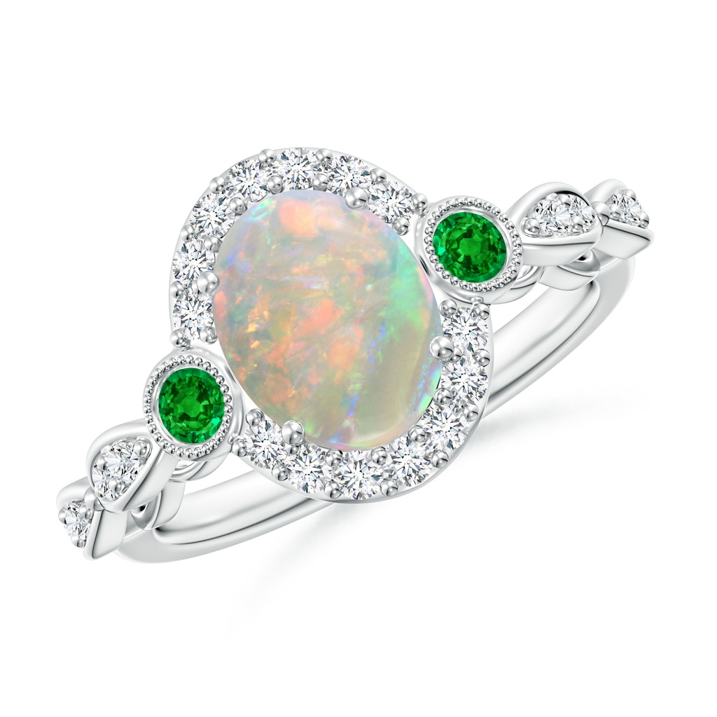 9x7mm AAAA Vintage Oval Opal and Diamond Halo Ring with Bezel Emerald in White Gold