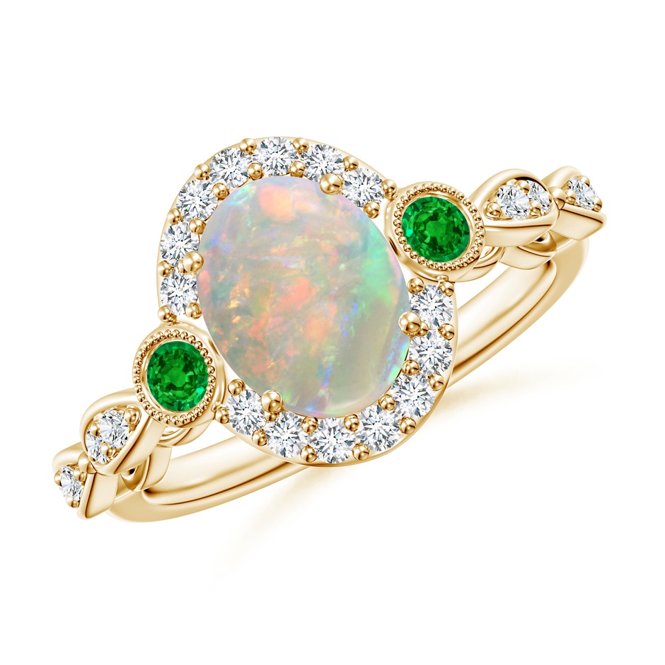9x7mm AAAA Vintage Oval Opal and Diamond Halo Ring with Bezel Emerald in Yellow Gold 