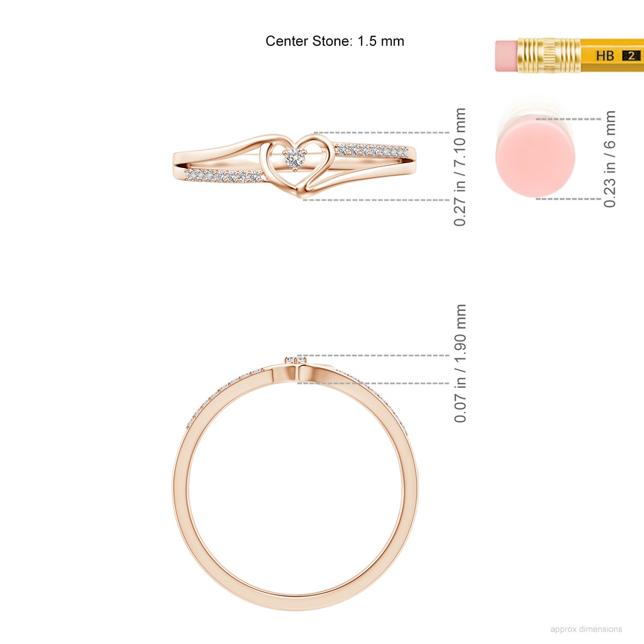 1.5mm IJI1I2 Round Diamond Split Shank Heart Promise Ring in Rose Gold ruler