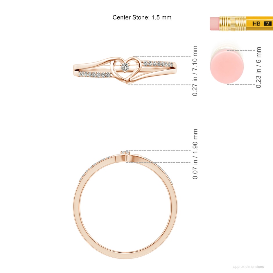 1.5mm KI3 Round Diamond Split Shank Heart Promise Ring in Rose Gold ruler