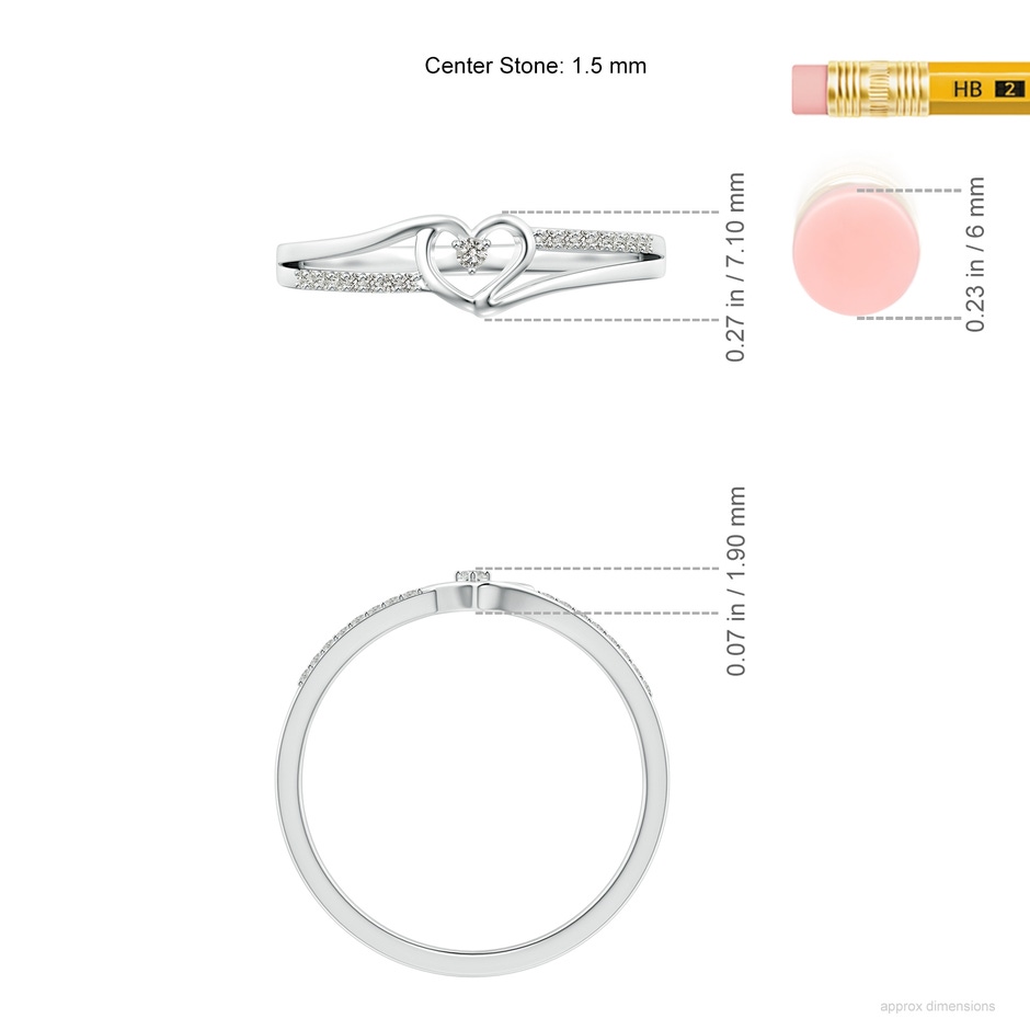 1.5mm KI3 Round Diamond Split Shank Heart Promise Ring in White Gold ruler
