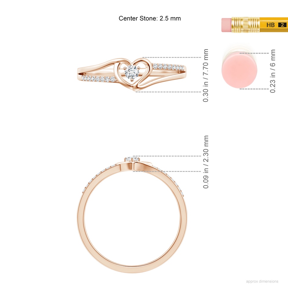 2.5mm GVS2 Round Diamond Split Shank Heart Promise Ring in Rose Gold ruler