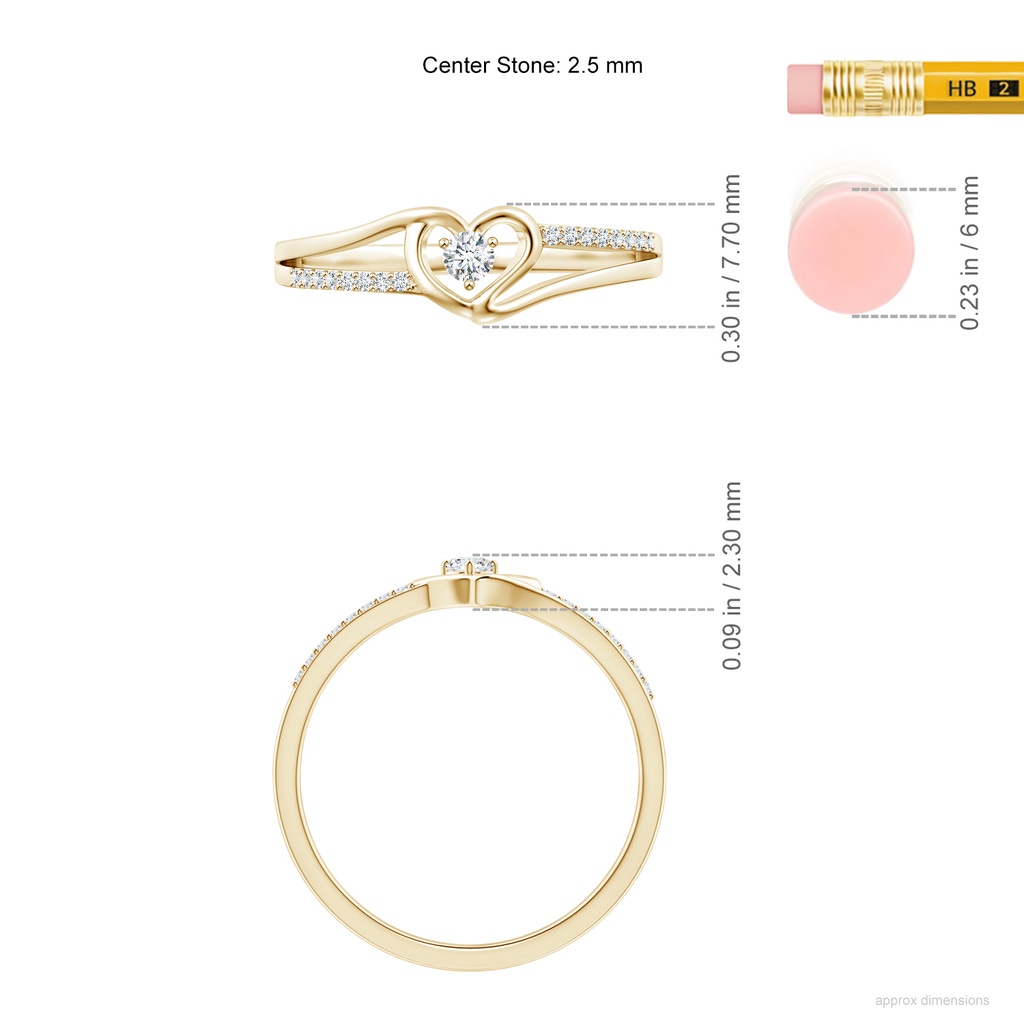 2.5mm GVS2 Round Diamond Split Shank Heart Promise Ring in Yellow Gold ruler