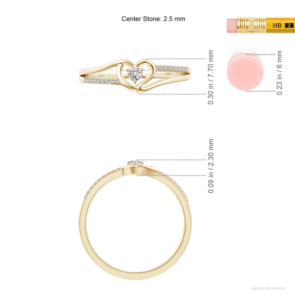 2.5mm IJI1I2 Round Diamond Split Shank Heart Promise Ring in Yellow Gold ruler
