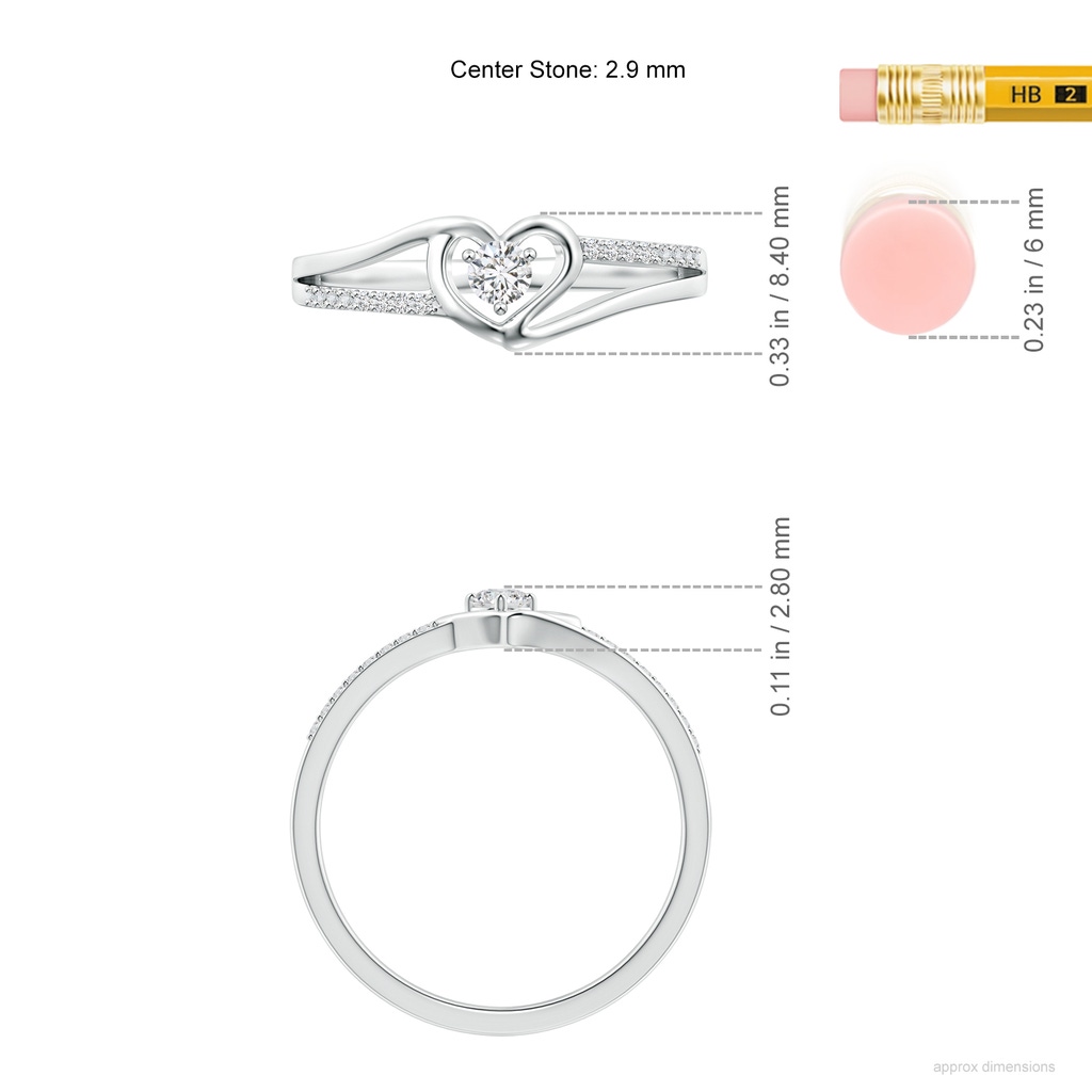 2.9mm HSI2 Round Diamond Split Shank Heart Promise Ring in White Gold ruler