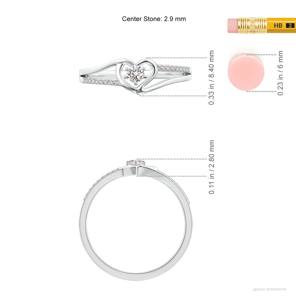 2.9mm IJI1I2 Round Diamond Split Shank Heart Promise Ring in 18K White Gold ruler