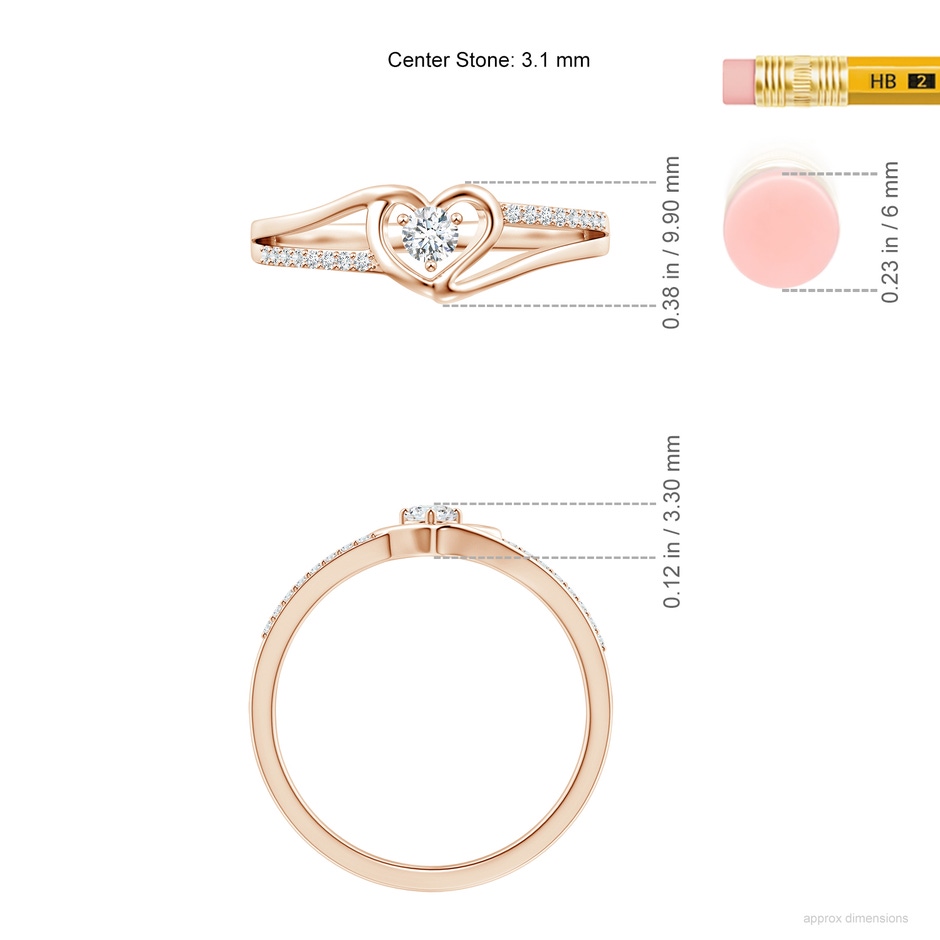 3.1mm GVS2 Round Diamond Split Shank Heart Promise Ring in Rose Gold ruler