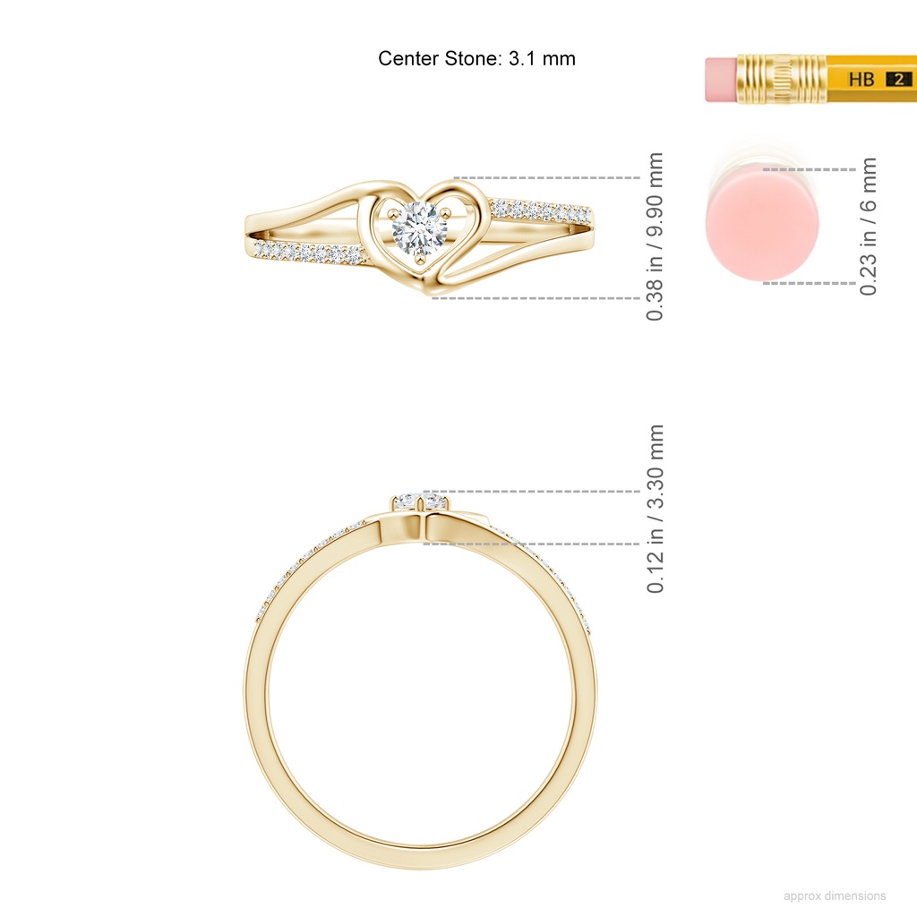 3.1mm GVS2 Round Diamond Split Shank Heart Promise Ring in Yellow Gold ruler