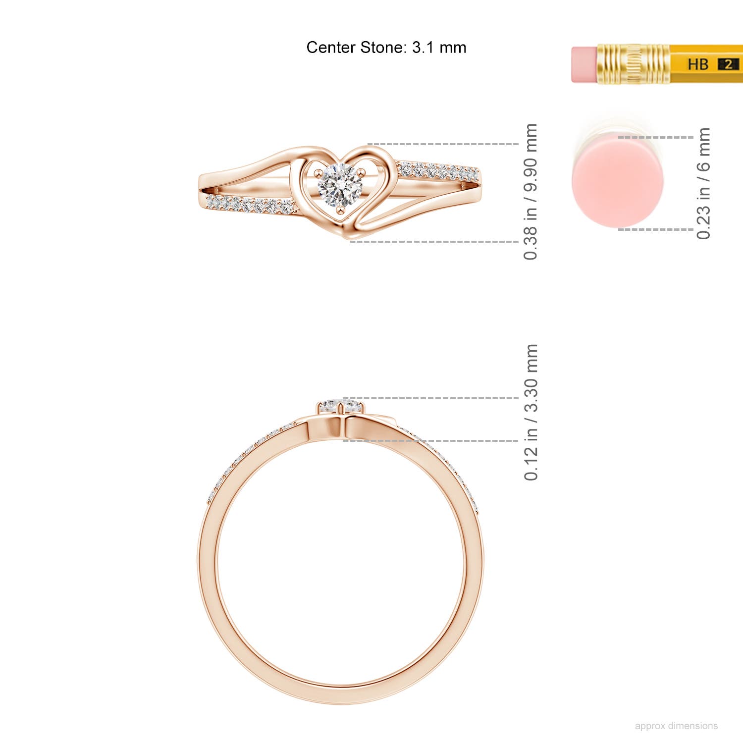 3.1mm IJI1I2 Round Diamond Split Shank Heart Promise Ring in Rose Gold - ruler