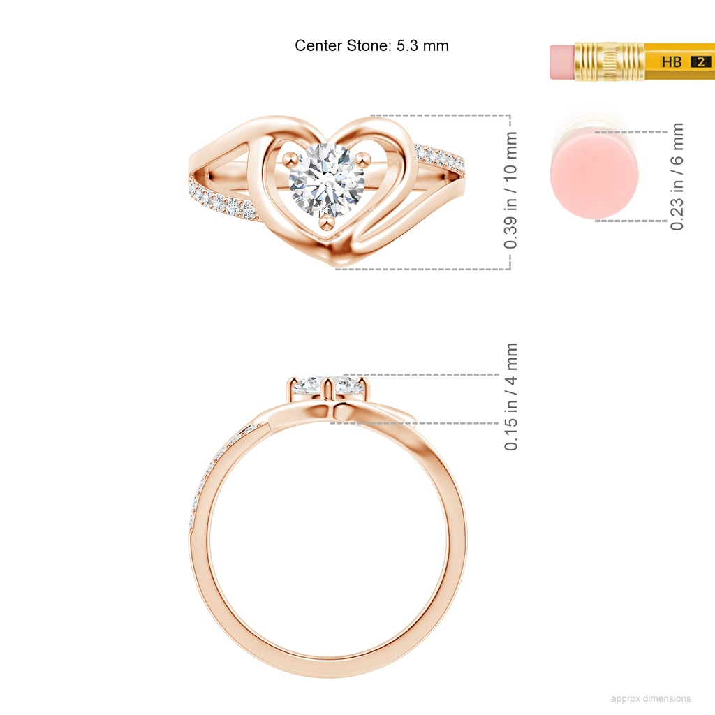 5.3mm GVS2 Round Diamond Split Shank Heart Promise Ring in 9K Rose Gold ruler