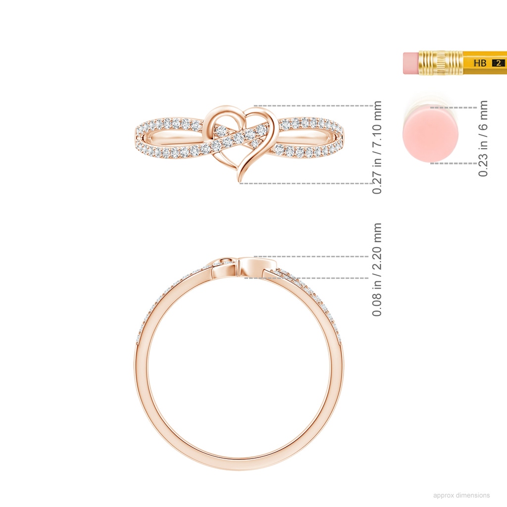 1mm GVS2 Round Diamond Criss Cross Heart Promise Ring in 18K Rose Gold ruler
