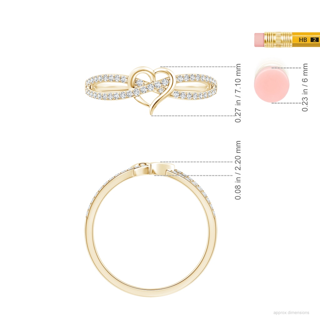 1mm GVS2 Round Diamond Criss Cross Heart Promise Ring in Yellow Gold ruler