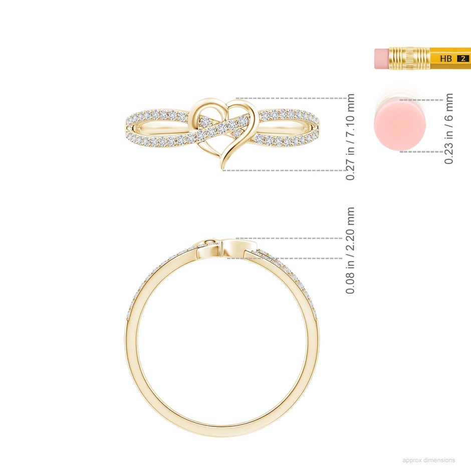 1mm HSI2 Round Diamond Criss Cross Heart Promise Ring in Yellow Gold ruler