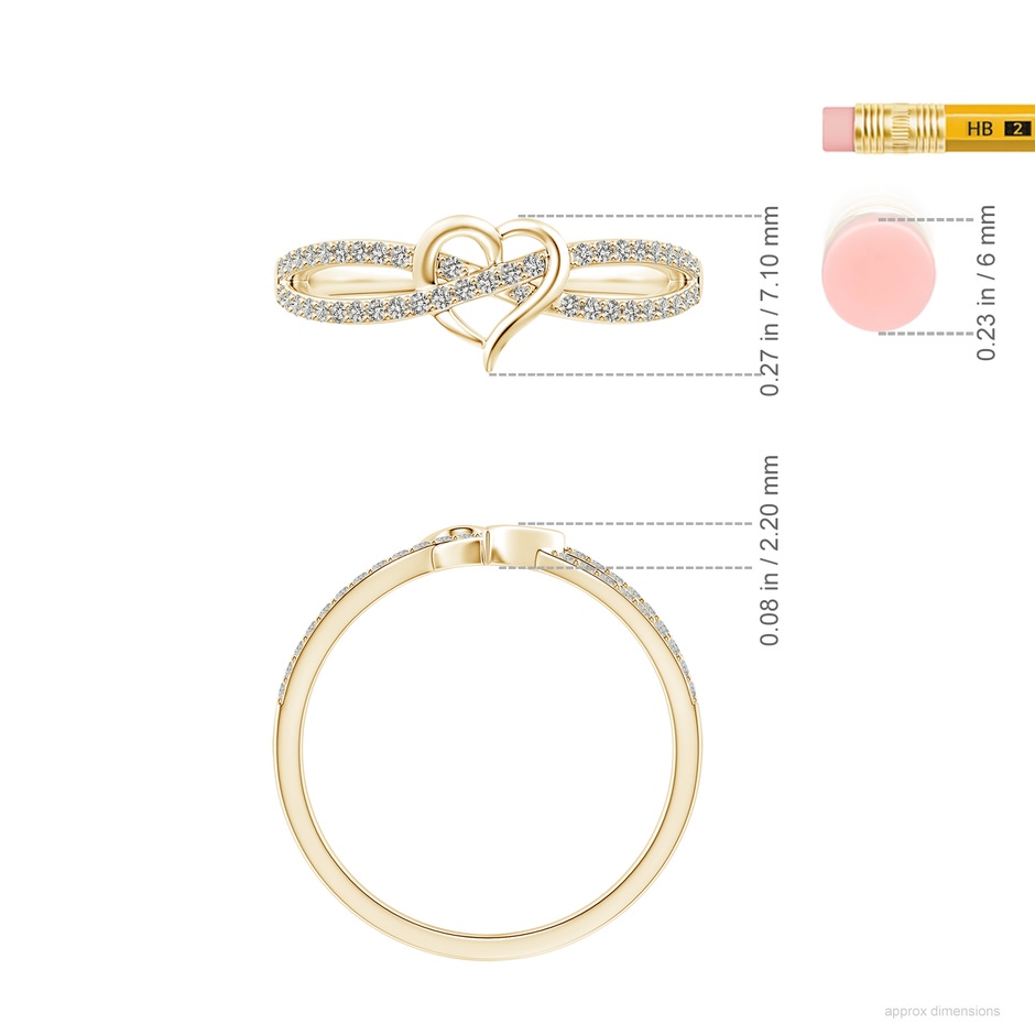 1mm KI3 Round Diamond Criss Cross Heart Promise Ring in Yellow Gold ruler