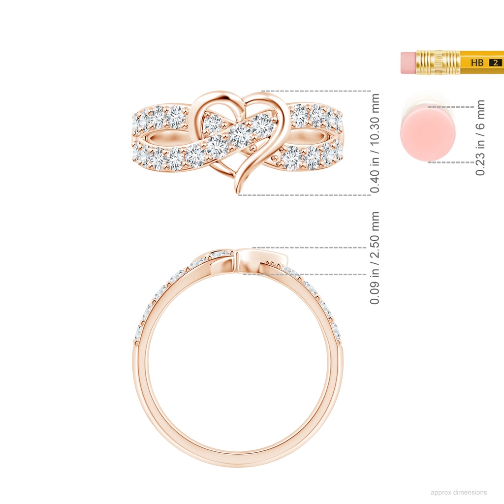 2.1mm GVS2 Round Diamond Criss Cross Heart Promise Ring in Rose Gold ruler