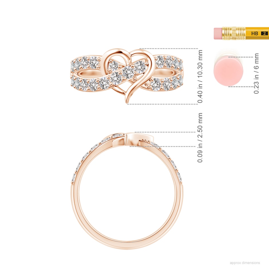 2.1mm IJI1I2 Round Diamond Criss Cross Heart Promise Ring in Rose Gold ruler