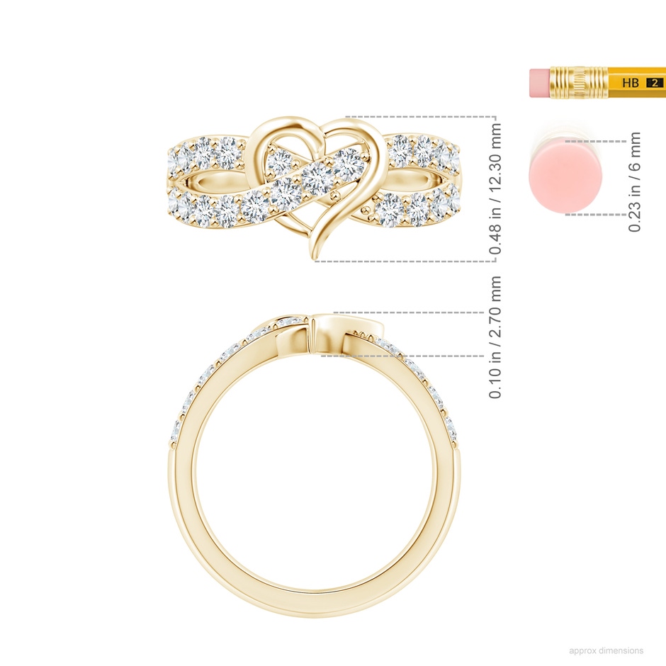 2.6mm GVS2 Round Diamond Criss Cross Heart Promise Ring in 18K Yellow Gold ruler