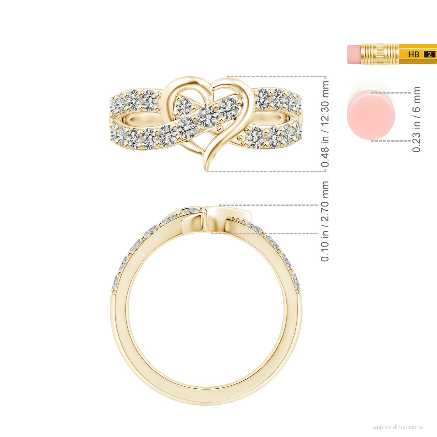 2.6mm KI3 Round Diamond Criss Cross Heart Promise Ring in Yellow Gold - ruler