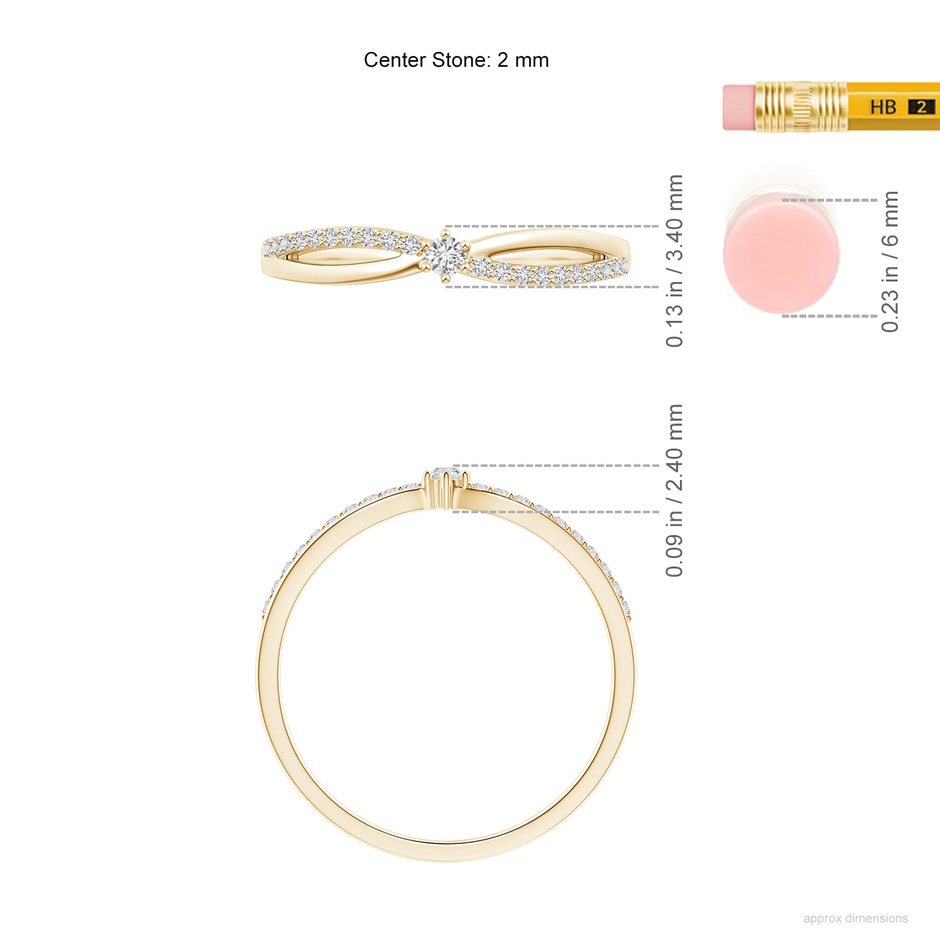 2mm HSI2 Prong Set Round Diamond Split Shank Promise Ring in 18K Yellow Gold ruler