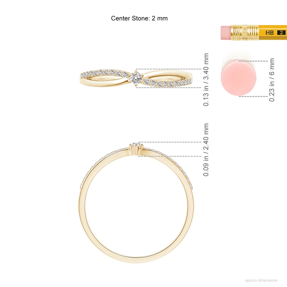 2mm IJI1I2 Prong Set Round Diamond Split Shank Promise Ring in 18K Yellow Gold ruler