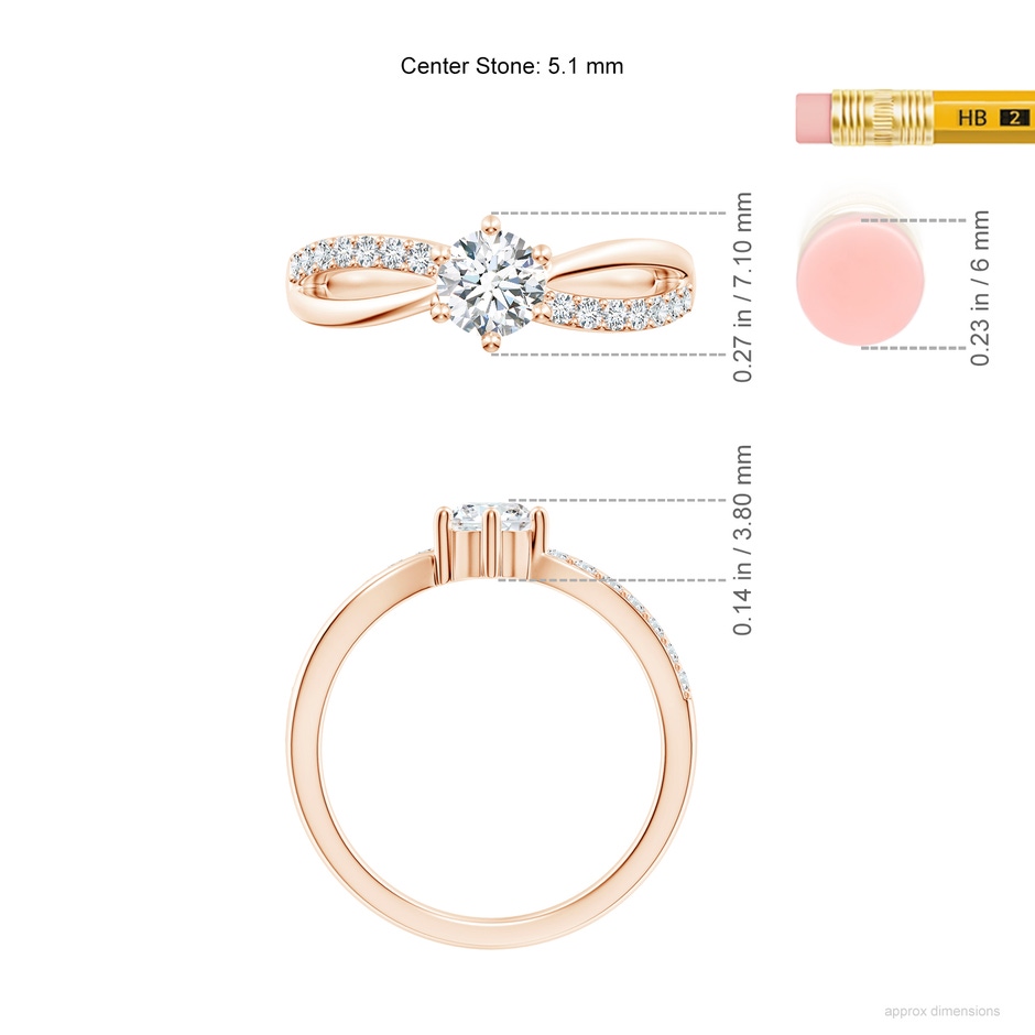 5.1mm GVS2 Prong Set Round Diamond Split Shank Promise Ring in 18K Rose Gold ruler