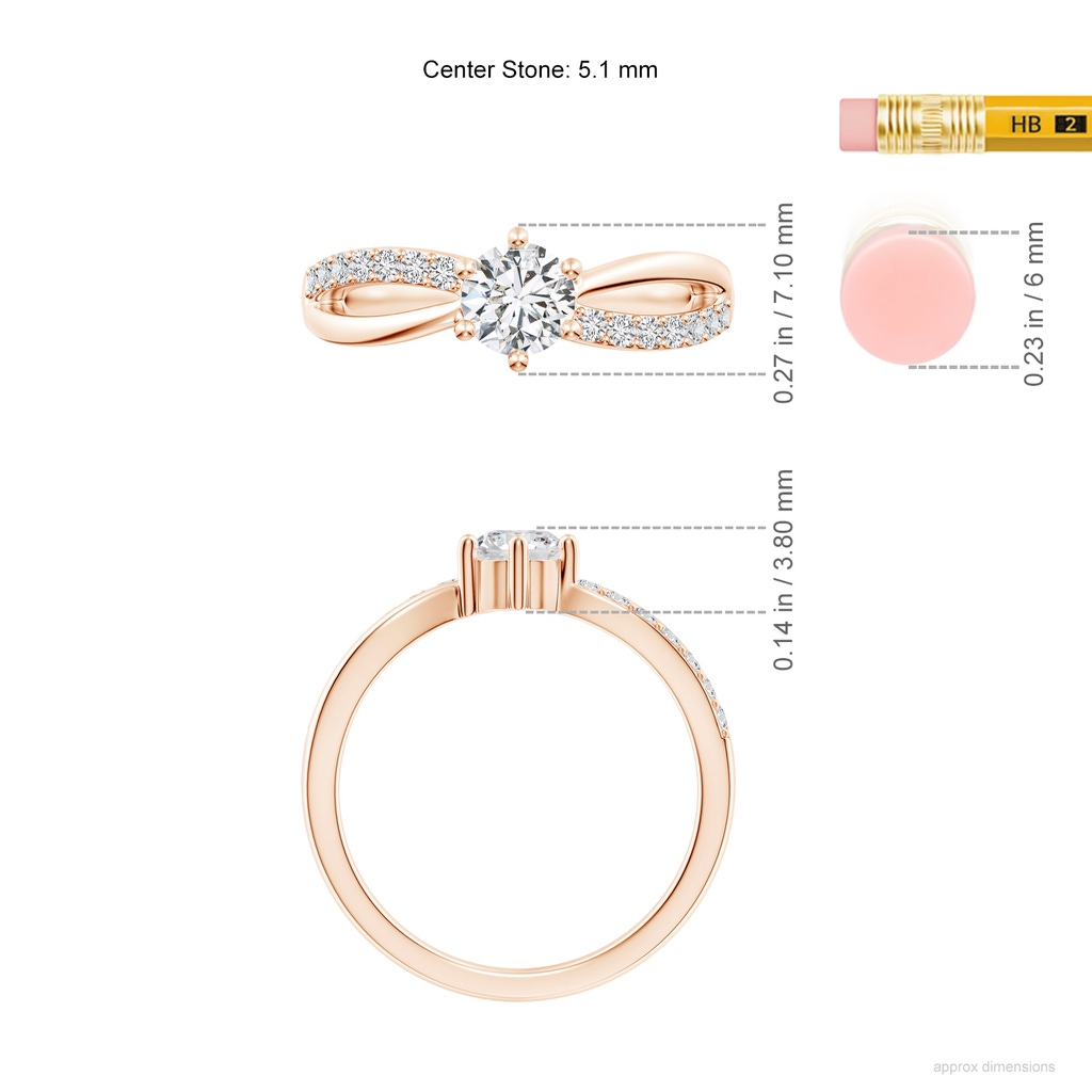 5.1mm HSI2 Prong Set Round Diamond Split Shank Promise Ring in 9K Rose Gold ruler