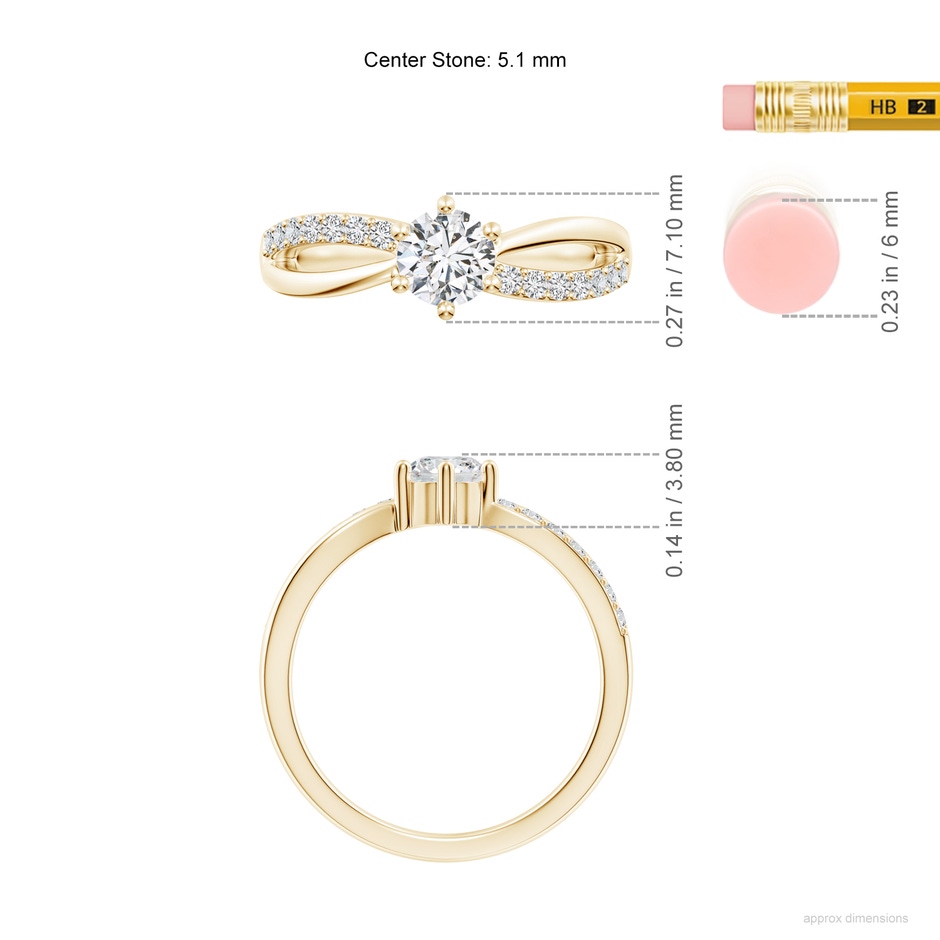 5.1mm HSI2 Prong Set Round Diamond Split Shank Promise Ring in Yellow Gold ruler
