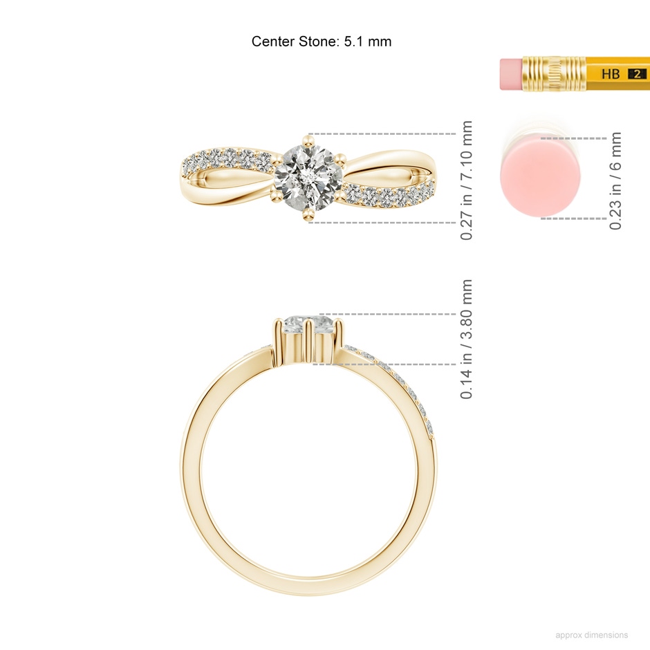 5.1mm KI3 Prong Set Round Diamond Split Shank Promise Ring in Yellow Gold ruler