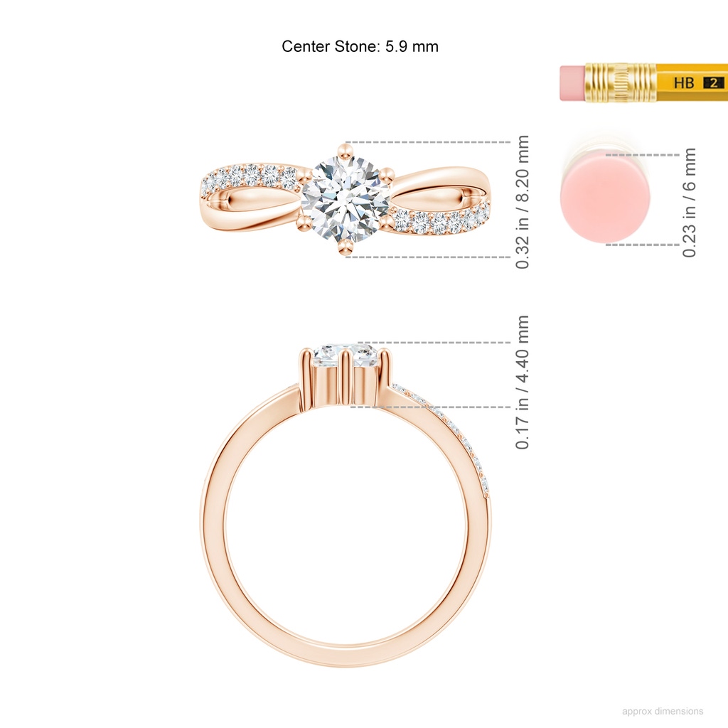 5.9mm GVS2 Prong Set Round Diamond Split Shank Promise Ring in 18K Rose Gold ruler