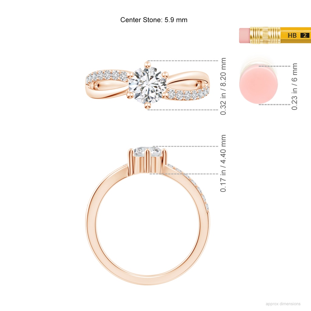 5.9mm HSI2 Prong Set Round Diamond Split Shank Promise Ring in Rose Gold ruler