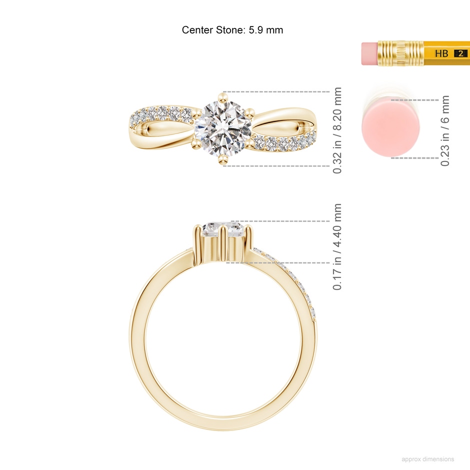 5.9mm IJI1I2 Prong Set Round Diamond Split Shank Promise Ring in Yellow Gold ruler
