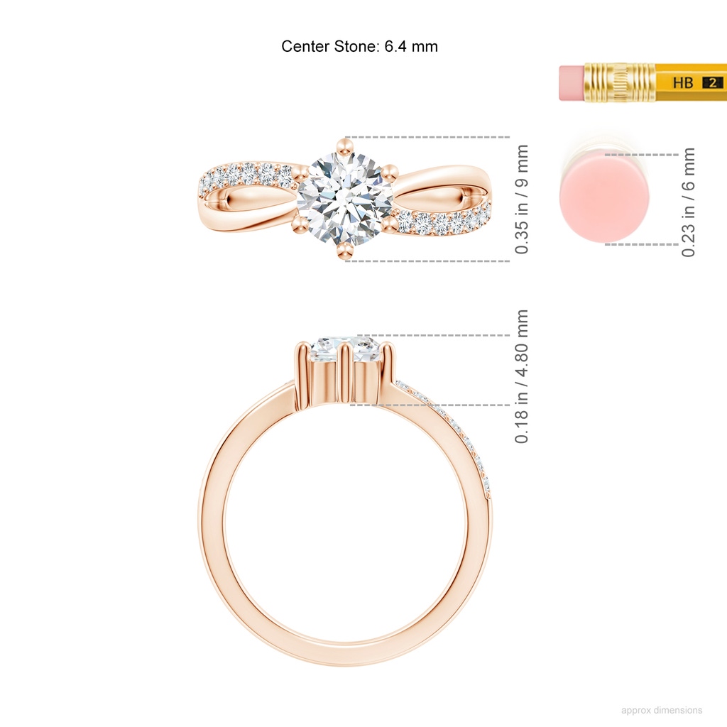 6.4mm GVS2 Prong Set Round Diamond Split Shank Promise Ring in 18K Rose Gold ruler