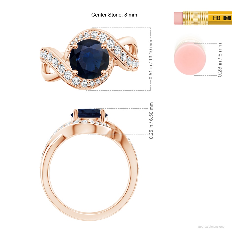 8mm A Solitaire Round Blue Sapphire Infinity Promise Ring in 18K Rose Gold ruler
