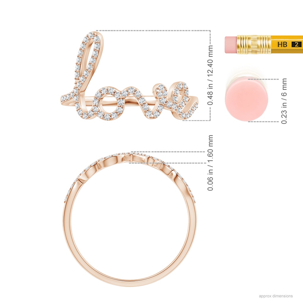 0.9mm GVS2 Prong Set Round Diamond Cursive "LOVE" Ring in Rose Gold Ruler