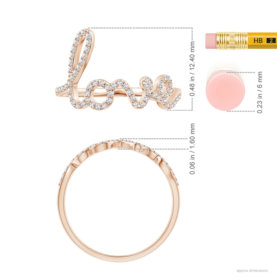 0.9mm GVS2 Prong Set Round Diamond Cursive "LOVE" Ring in Rose Gold ruler