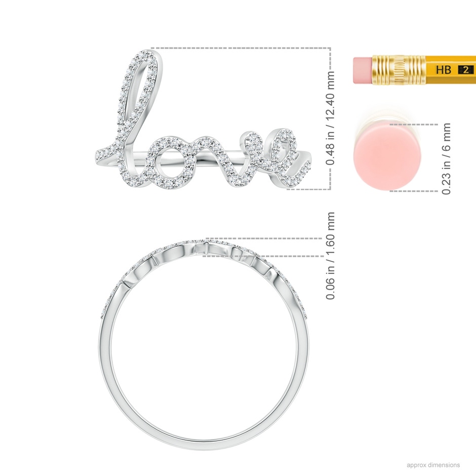 0.9mm GVS2 Prong Set Round Diamond Cursive "LOVE" Ring in S999 Silver ruler